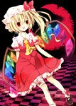  ascot bad_id bad_pixiv_id bandages blonde_hair blush checkered checkered_floor crescent_moon flandre_scarlet hat moon red_eyes red_moon renka913 side_ponytail solo touhou wings 