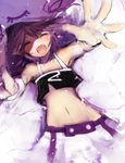  :d bad_id bad_pixiv_id closed_eyes fang foreshortening goose_h hands happy hat merry_nightmare midriff navel open_mouth outstretched_arm outstretched_hand purple_hair ribbon short_hair sketch smile solo yumekui_merry 