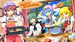  antennae apron blonde_hair blue_eyes blue_hair bow brown_eyes candy chocolate chocolate_making cirno cooking dragon_ball food green_eyes green_hair hair_bow hair_ribbon hakurei_reimu happy_valentine head_scarf kirisame_marisa messy multiple_girls mystia_lorelei mystia_lorelei_(bird) oven_mitts pink_hair ribbon rumia ruu_(tksymkw) short_hair son_gokuu team_9 touhou tray valentine wings wriggle_nightbug yukkuri_shiteitte_ne 