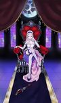  absurdres bare_shoulders blood breasts chair cleavage commentary_request dress gensou_suikoden gensou_suikogaiden hairband highres knife long_hair looking_at_viewer naako_(44-04-108) shoes short_dress sierra_mikain sitting solo thighhighs throne vampire white_hair 
