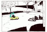  bad_id bad_pixiv_id blue_hair bumper_car driving ground_vehicle hatsune_miku long_hair monochrome motor_vehicle motorcycle nihohe solo spot_color vocaloid 