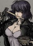  bowl breasts chopsticks cleavage fingerless_gloves ghost_in_the_shell ghost_in_the_shell_stand_alone_complex gloves gun handgun jacket kusanagi_motoko large_breasts moto_murabito mouth_hold pistol purple_hair red_eyes seburo_m5 short_hair solo traditional_media upper_body weapon 