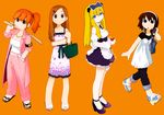  :o animal_ears armband bag bokken bow delinquent fish gloves hair_bow headband headphones headphones_around_neck hen_zemi high_heels katou_anna maid makiko_gregory matsutaka_nanako mizukoshi_miwako multiple_girls orange_background panda_ears ponytail sleeves_rolled_up strappy_heels sword tagro weapon wooden_sword yankee 