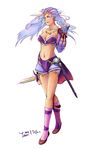  bandana bandanna bikini blue_eyes blue_hair breasts cleavage dagger detached_sleeves earrings female final_fantasy final_fantasy_ii frodera full_body highres jewelry leila long_hair midriff necklace see-through sheath simple_background solo swimsuit weapon white_background 