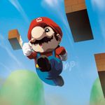  1boy ?_block block blocks boots brick cap facial_hair gloves hat jump jumping male male_focus mario mario_(series) mountain mustache nintendo overalls pov running shirt sky solo super_mario_bros. suspenders 