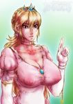  alternate_hairstyle blonde_hair blue_eyes breasts choker cleavage collarbone covered_nipples crown dress elbow_gloves gem gloves large_breasts long_hair mario_(series) mini_crown no_bra pink_dress princess_peach solo sparrow_(artist) super_mario_bros. taut_clothes taut_dress white_gloves 