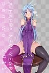  2011 bare_shoulders black_legwear blue_eyes blue_hair blush breasts chinese_clothes detached_sleeves final_fantasy final_fantasy_ix genderswap genderswap_(mtf) heart highres kneehighs kuja large_breasts new_year sitting socks solo thighhighs ziz_(pantwo) 