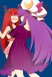  alternate_costume ass bad_id bad_pixiv_id bat_wings blush crescent dress hat head_wings hug koakuma long_hair multiple_girls no_panties patchouli_knowledge polka_dot purple_eyes purple_hair red_eyes red_hair see-through touhou very_long_hair wings yuragi_(nukomomo) yuri 