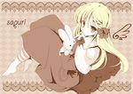  blonde_hair bow doll doll_hug dress hair_bow holding long_hair mizuse_kiseki original pillow sitting socks solo stuffed_animal stuffed_bunny stuffed_toy yellow_eyes 