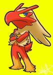  blaziken blue_eyes chibi crossed_arms frowning nintendo plain_background pok&#233;mon pok&eacute;mon solo tiamat unknown_artist video_games warm_colors yellow_background 