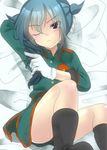  1boy artist_request bed boots braid frown gloves green_hair inazuma_eleven inazuma_eleven_(series) lying male_focus mistorene_callus on_back pixiv_thumbnail red_eyes resized solo trap uniform wink 