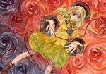  black_flower black_rose blue_eyes eyeball flower foreshortening green_hair hat heart heart_of_string highres komeiji_koishi long_hair open_mouth red_flower red_rose rose shiroma_(mamiko) smile solo third_eye touhou 