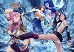  battle dissidia_final_fantasy final_fantasy final_fantasy_vii final_fantasy_x final_fantasy_xiii highres kick kicking lightning_farron magic_circle masquevale panties pantyshot shiva shiva_(final_fantasy) staff swod sword tifa_lockhart underwear water weapon yuna 