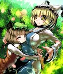  animal_ears blonde_hair brown_eyes brown_hair cat_ears chen fox_tail hat hug impossible_clothes multiple_girls multiple_tails one_eye_closed short_hair tail touhou umigarasu_(kitsune1963) yakumo_ran yellow_eyes 