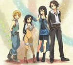  &gt;_&lt; 2girls :d ^_^ arm_warmers bare_shoulders black_hair blonde_hair blue_eyes bodysuit breasts brown_eyes brown_hair closed_eyes final_fantasy final_fantasy_ix final_fantasy_viii garnet_til_alexandros_xvii gloves hand_on_another's_head height_difference highlights hoshihuri jacket jewelry medium_breasts multicolored_hair multiple_boys multiple_girls necklace open_mouth orange_bodysuit rinoa_heartilly shoes skin_tight sleeveless_duster smile squall_leonhart xd zidane_tribal 