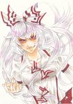  bow fujiwara_no_mokou grin hair_bow long_hair marker_(medium) red_eyes shirt smile smirk solo thunbergia touhou traditional_media white_hair white_shirt 