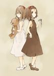  alternate_hairstyle back-to-back brown_eyes brown_hair child doll_hug dress dual_persona forehead hand_on_hip high_ponytail mary_janes multiple_girls namori no_socks persona persona_1 pocket_watch shoes short_hair siblings sisters sonomura_maki stuffed_animal stuffed_toy tears teddy_bear watch 