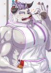  &lt;3 0rtwin_rd abs behemoth_(housamo) blush candy clothing food fur hair hi_res hoodie horn lollipop male monster muscular muscular_male nipples pawpads pecs purple_hair tokyo_afterschool_summoners tongue video_games white_fur 