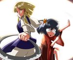  blonde_hair blue_hair child long_hair moriya's_iron_rings moriya_suwako multiple_girls open_mouth reizou role_reversal short_hair slit_pupils snake-eyed_kanako touhou yasaka_kanako yellow_eyes 