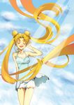  :d absurdres bangs bare_arms bare_shoulders bishoujo_senshi_sailor_moon blonde_hair cicci closed_eyes cloud day double_bun highres long_hair multicolored_hair open_mouth orange_hair parted_bangs skirt sky smile solo tsukino_usagi twintails 