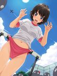  aircraft airplane bare_legs blue_eyes blush breasts brown_hair buruma cameltoe cloud condensation_trail covered_nipples day embarrassed failure gym_uniform hurdle medium_breasts navel no_panties open_mouth original outdoors short_hair sky solo sweat thigh_gap track_and_field unlikely_accident yokaze_japan you're_doing_it_wrong 