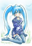  aqua_eyes aqua_hair blush imaichi_moenai_ko kneeling kobe_shinbun kotobuki_shiraha long_hair school_uniform serafuku solo thighhighs zettai_ryouiki 