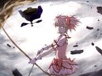  arrow bow_(weapon) bubble_skirt gloves highres kaname_madoka koichi_uru light light_smile looking_at_viewer magical_girl mahou_shoujo_madoka_magica pink_eyes pink_hair short_hair skirt smile twintails walpurgisnacht_(madoka_magica) weapon white_gloves 