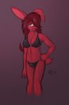  background_gradient bikini breasts ear_piercing earring female hair hair_over_eye hand_on_hip lagomorph looking_at_viewer piercing rabbit shaw skimpy solo standing toony 