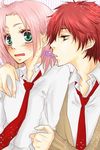  blush green_eyes haruno_sakura misaki726 naruto naruto_shippuuden pink_hair red_hair sasori school_uniform whisper whispering 