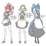  3girls apron blue_eyes blue_hair bow bowtie breasts corn_(pokemon) dent_(pokemon) flat_chest frown genderswap green_eyes green_hair gym_leader hair_over_one_eye large_breasts long_hair lowres multiple_girls open_mouth pod_(pokemon) pokemon pokemon_(game) pokemon_black_and_white pokemon_bw red_eyes red_hair short_hair small_breasts smile twintails waitress 