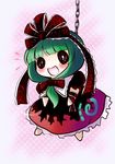  :3 absurdres chain chibi dress frills front_ponytail green_hair hair_ribbon highres kagiyama_hina open_mouth ribbon smile solo spinning touhou yume_shokunin 