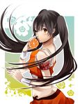  arancia bad_id bad_pixiv_id bracelet brown_hair food fruit highres holding holding_food holding_fruit jewelry long_hair midriff one_eye_closed orange orange_eyes orange_skirt original rokamo skirt solo twintails 