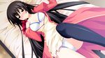  black_hair blush bra game_cg open_shirt panties red_eyes thighhighs tiny_dungeon underwear vell_sein 