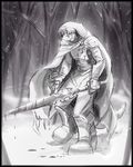  black_and_white blood hat hunting knife male monochrome noben polearm scalie solo spear weapon 