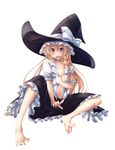  barefoot blonde_hair blush braid breasts cleavage covering feet full_body fuyuwa_kotatsu hat highres kirisame_marisa long_hair long_toenails no_bra open_clothes open_shirt shirt simple_background single_braid small_breasts solo toenails touhou very_long_hair white_shirt witch_hat yellow_eyes 