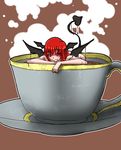  bakuya bat_wings cup demon_tail food head_wings in_container in_cup in_food koakuma minigirl nude partially_submerged red_eyes red_hair solo tail teacup touhou wings 