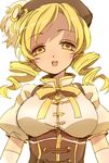  74_(teduka) beret blonde_hair breasts drill_hair hat highres large_breasts magical_girl mahou_shoujo_madoka_magica open_mouth puffy_sleeves smile solo tomoe_mami yellow_eyes 