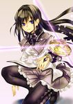  akemi_homura bad_id bad_pixiv_id black_hair black_legwear blue_eyes boots daishou hairband long_hair magical_girl mahou_shoujo_madoka_magica one_knee pantyhose shield solo 