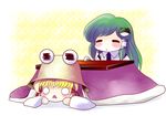  2girls blonde_hair chibi closed_eyes frog green_hair hat highres kochiya_sanae kotatsu moriya_suwako multiple_girls snake table touhou under_kotatsu under_table yume_shokunin 