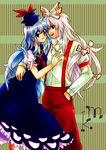  bad_id bad_pixiv_id blue_hair bow dress fujiwara_no_mokou hair_bow hand_in_pocket hand_on_another's_chest hand_on_hip hat kamishirasawa_keine long_hair looking_at_viewer multiple_girls naiya pants silver_hair striped striped_background suspenders touhou 