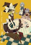  ascot bad_id bad_pixiv_id bat_wings blue_hair braid brooch chair cover cover_page cup drinking hat highres izayoi_sakuya jewelry kirisame_marisa maid maid_headdress moke_(gaton) multiple_girls remilia_scarlet saucer short_hair single_braid spoon table tablecloth teacup touhou wings witch_hat 