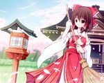  ascot bad_id bad_pixiv_id bamboo_broom bow box breasts broom brown_hair cherry_blossoms collarbone detached_sleeves donation_box hair_bow hair_tubes hakurei_reimu highres lantern midriff nekoman_(nukomann) no_bra red_eyes rope shide shimenawa shrine sideboob small_breasts solo touhou 