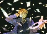  ace america_(hetalia) axis_powers_hetalia bad_id bad_pixiv_id blonde_hair blue_eyes card falling_card finger_in_mouth glasses holding holding_card male_focus one_eye_closed playing_card simple_background solo yuko_mebouki 