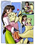  &hearts; bent_over bff brian_mcpherson caring chest_tuft cute eyes_closed feline female friend hug human inuyasha japan japanese_clothing kimono kirara kneeling love multiple_tails pet petting raised_tail red_eyes sango sitting standing tail white 