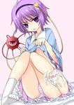  bad_feet barefoot cameltoe eyeball feet hairband heart highres komeiji_satori kusano_(torisukerabasu) md5_mismatch panties purple_eyes purple_hair shirt_lift short_hair single_sock socks soles solo striped striped_panties third_eye touhou underwear 