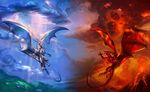  background claws clouds dragon epic fire glowing_eyes hi_res rain red scalie sixthleafclover volcano white wings 