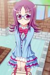  aokura_shou bag bow dress glasses highres houjou_sakura long_hair precure purple_eyes purple_hair ribbon school_bag school_uniform seiren_(suite_precure) solo sparkle suite_precure 