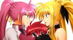  2girls bad_id bad_pixiv_id banned_artist between_breasts blonde_hair blue_eyes blush breast_press breasts cleavage erio_mondial fate_testarossa lyrical_nanoha mahou_shoujo_lyrical_nanoha_strikers medium_breasts multiple_girls nigiriushi pink_hair red_eyes red_hair ribbon signum symmetrical_docking 