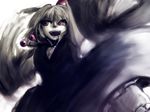  :d bad_id bad_pixiv_id beads blonde_hair bow buttons dress grin hair_bow hair_ornament horror_(theme) open_mouth red_eyes rumia smile solo touhou 