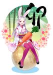  animal_ears bunny_ears carrot egasumi floral_print japanese_clothes k+ moon original purple_legwear red_eyes solo thighhighs white_hair 